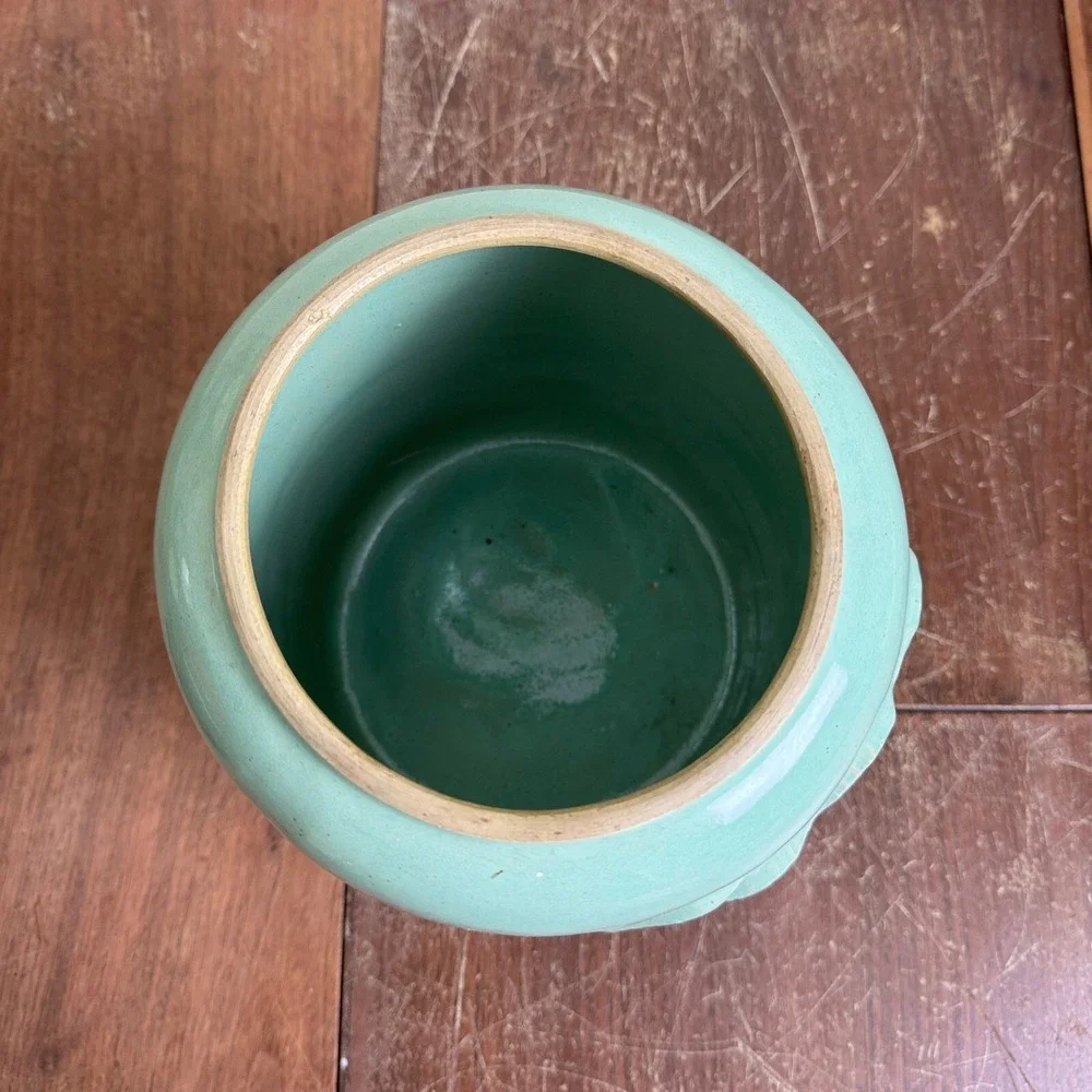 Vintage Mint Green Glazed Cookie Jar with Rabbit & Carrot NO LID farmhouse decor